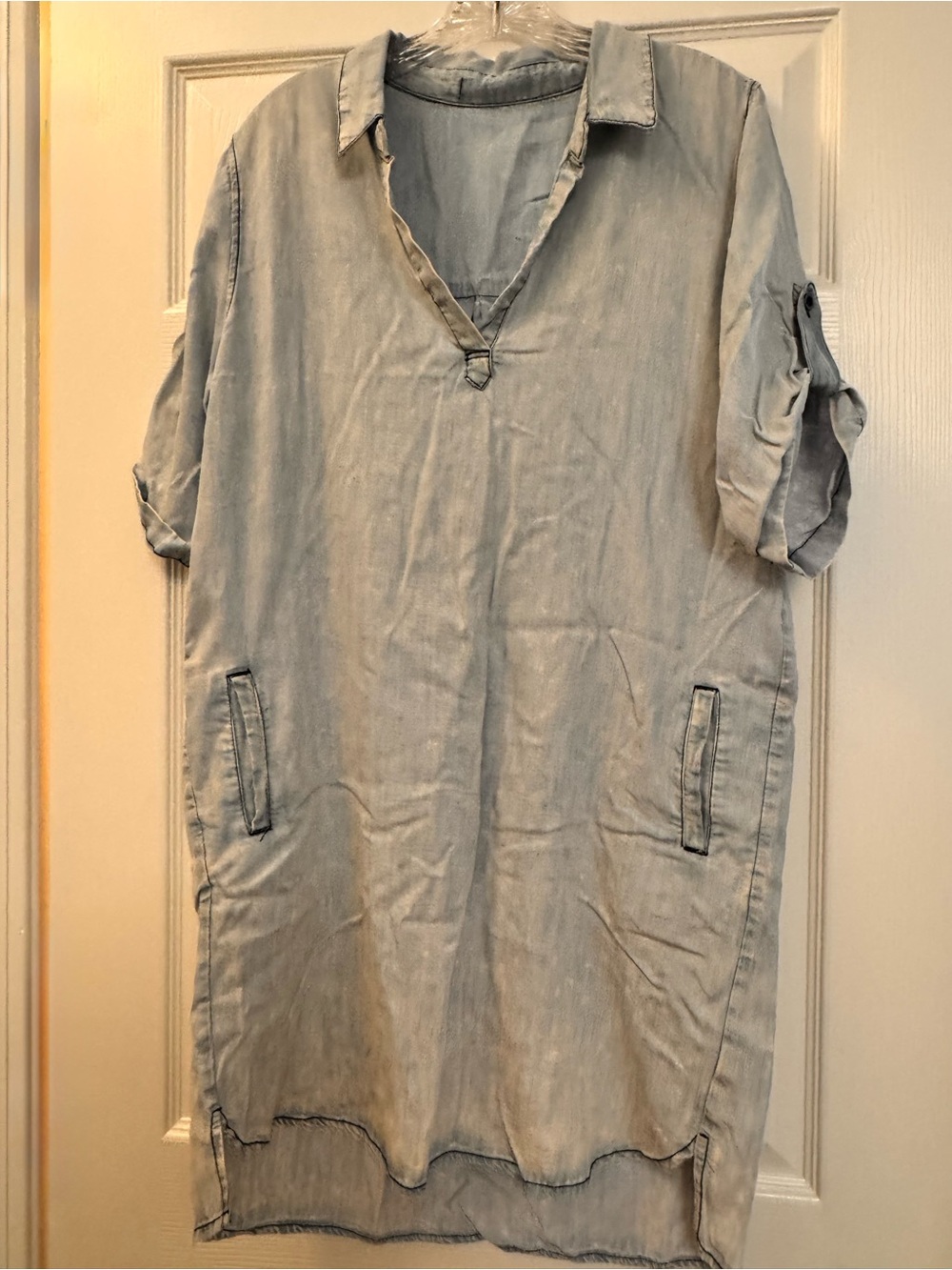 LIGHT BLUE DENIM DRESS.  Lightweight & soft.  FITS AS SIZE LARGE.